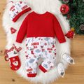 Christmas 2pcs Baby Boy Bow Front Solid Spliced Print Long-sleeve Jumpsuit with Hat Set Red image 2