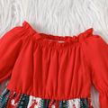 Christmas 2pcs Baby Girl Frill Off Shoulder Bell-sleeve Solid Spliced Print Dress with Headband Set Red-2 image 3