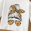 3pcs Baby Girl 95% Cotton Cold Shoulder Long-sleeve Graphic Tee and Leopard Print Flare Pants with Headband Set White image 3