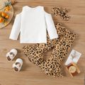 3pcs Baby Girl 95% Cotton Cold Shoulder Long-sleeve Graphic Tee and Leopard Print Flare Pants with Headband Set White image 2