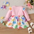2pcs Baby Girl 95% Cotton Ruffle Trim Long-sleeve Letter & Dinosaur Print Spliced Dress with Headband Set Pink