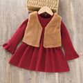 2pcs Toddler Girl Elegant Long Ruffle Sleeve Red Dress and Fuzzy Vest Set Red