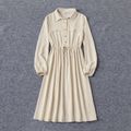 Solid Swiss Dot Textured Button Front Long-sleeve Drawstring Dress for Mom and Me BlanchedAlmond image 2
