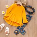3pcs Toddler Girl Elegant Ruffled High Low Tee & Exotic Leggings and Scarf Set Yellow image 1