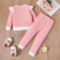 2pcs Toddler Girl Ruffled Ribbed Colorblock Long-sleeve Tee and Bowknot Design Pants Set Pink image 3