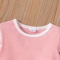 2pcs Toddler Girl Ruffled Ribbed Colorblock Long-sleeve Tee and Bowknot Design Pants Set Pink image 4