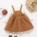 2pcs Toddler Girl Lettuce Trim Long-sleeve Ribbed Tee and Brown Overall Dress Set KHAKI
