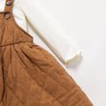 2pcs Toddler Girl Lettuce Trim Long-sleeve Ribbed Tee and Brown Overall Dress Set KHAKI image 4