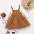 2pcs Toddler Girl Lettuce Trim Long-sleeve Ribbed Tee and Brown Overall Dress Set KHAKI image 1