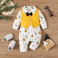 2pcs Baby Boy 95% Cotton Waistcoat and Allover Cactus Print Long-sleeve Jumpsuit Set Party Outfits Yellow image 2
