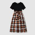 Family Matching Plaid Splicing Black Short-sleeve Dresses and Polo Shirts Sets ColorBlock image 2