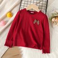 Toddler Girl Solid Color Bowknot Design Textured Long-sleeve Tee WineRed image 1