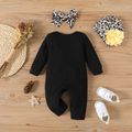3pcs Baby Girl Letter Print Black Long-sleeve Jumpsuit and Leopard Print Hat with Headband Set Black
