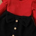 2pcs Baby Girl Rib Knit Ruffled Long-sleeve Top and Button Front Corduroy Skirt Set Red image 4