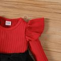 2pcs Baby Girl Rib Knit Ruffled Long-sleeve Top and Button Front Corduroy Skirt Set Red image 3