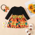 2pcs Baby Girl Long-sleeve Faux-two Rib Knit Spliced Geo Print Bow Front Dress with Headband Set Black image 2