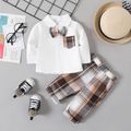 2pcs Baby Boy 100% Cotton Plaid Bow Tie Decor Long-sleeve Button Up Shirt and Pants Set Brown image 1