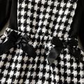 2pcs Toddler Girl Turtleneck Ribbed Black Tee and Bows Design Tweed Plaid Overall Dress Set BlackandWhite