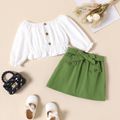 2pcs Toddler Girl Off Shoulder Button Long-sleeve Peplum Blouse and Belted Green Skirt Set Green