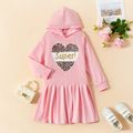 Kid Girl Flip Sequin Heart Embroidered Hooded Long-sleeve Pleated Dress Pink