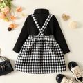 2pcs Toddler Girl Turtleneck Ribbed Black Tee and Bows Design Tweed Plaid Overall Dress Set BlackandWhite