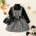 2pcs Toddler Girl Turtleneck Ribbed Black Tee and Bows Design Tweed Plaid Overall Dress Set BlackandWhite image 1