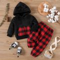 2pcs Baby Boy Long-sleeve Thermal Fuzzy Hoodie and Red Plaid Pants Set redblack image 1