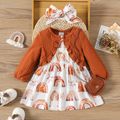 2pcs Baby Girl Long-sleeve Rib Knit Ruffle Trim Spliced Allover Star & Rainbow Print Dress with Headband Set Brown
