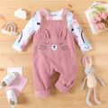 2pcs Baby Girl Allover Cat & Rainbow Print Long-sleeve Tee and Embroidered Corduroy Overalls Set Pink image 1