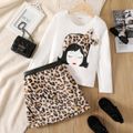 2pcs Kid Girl 3D Figure Embroidered Long-sleeve Tee and Leopard Print Fleece Skirt Set OffWhite image 2