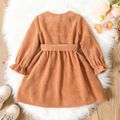 Toddler Girl Solid Color Button Design Belted Long-sleeve Dress YellowBrown