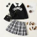 2pcs Toddler Girl Preppy style Letter Print Doll Collar Long-sleeve Tee and Plaid Pleated Skirt Set BlackandWhite