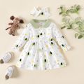 Baby Girl 2pcs Elephant Allover Doll Collar Long-sleeve White Dress with Headband Set Pale Green image 2