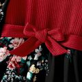 Mommy and Me Rib Knit Spliced Floral Print Long-sleeve Belted Midi Dress Burgundy