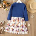 2pcs Kid Girl Floral Print Sleeveless Dress and Bowknot Design Denim Jacket Set Blue image 2