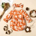 2pcs Baby Girl Allover Floral Print Button Front Long-sleeve Romper with Headband Set Apricot brown