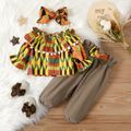 2pcs Baby Girl 100% Cotton Bow Front Pants and Allover Geo Print Ruffle Pom Poms Detail Long-sleeve Top Set ColorBlock image 1
