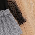 2pcs Toddler Girl Polka dots Mesh Long-sleeve Black Tee and Houndstooth Belted Skirt Set Black