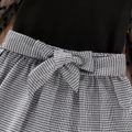 2pcs Toddler Girl Polka dots Mesh Long-sleeve Black Tee and Houndstooth Belted Skirt Set Black