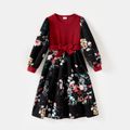 Mommy and Me Rib Knit Spliced Floral Print Long-sleeve Belted Midi Dress Burgundy