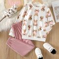 2pcs Kid Girl Bear Print Long-sleeve Tee and Pink Pants Set White image 1