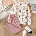 2pcs Kid Girl Bear Print Long-sleeve Tee and Pink Pants Set White image 2