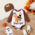 Thanksgiving Day 2pcs Baby Boy 95% Cotton Long-sleeve Turkey & Letter Print Romper with Hat Set ColorBlock image 1