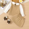 2pcs Baby Girl Peter Pan Collar Long-sleeve Faux-two Top and Double Breasted Split Skirt Set Khaki image 2