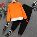 2pcs Kid Boy Letter Print Splice Pullover Sweatshirt and Black Pants Set Orange image 2