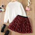 2pcs Kid Girl Letter Bear Print Pullover Sweatshirt and Stars Design Mesh Skirt Set White image 2