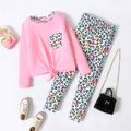 2pcs Kid Girl Pocket Design Tie Knot Long-sleeve Tee and Leopard Print Leggings Set Pink