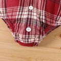 100% Cotton Baby Boy/Girl Bear Decor Hooded Long-sleeve Button Front Plaid Romper Red