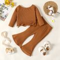 2pcs Baby Girl Solid Rib Knit Bow Front Off Shoulder Long-sleeve Top and Flared Pants Set YellowBrown image 1