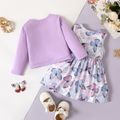2pcs Baby Girl Allover Butterfly Print Tank Dress and Long-sleeve Button Front Cardigan Set Purple